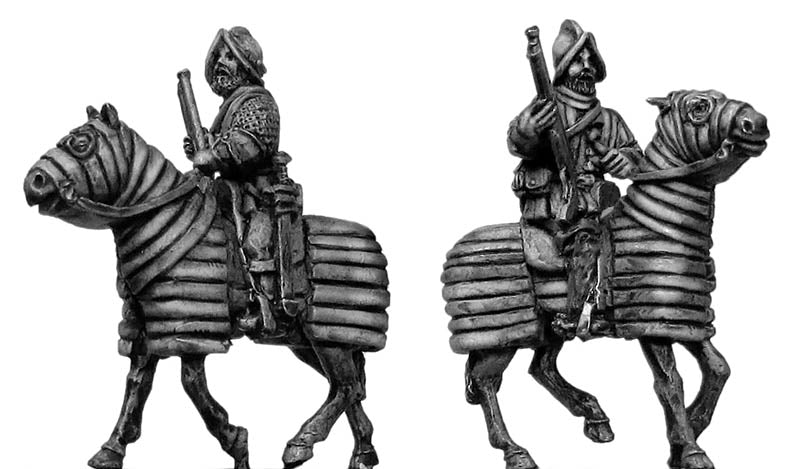 Mounted Arquebusier on barded horse (28mm)