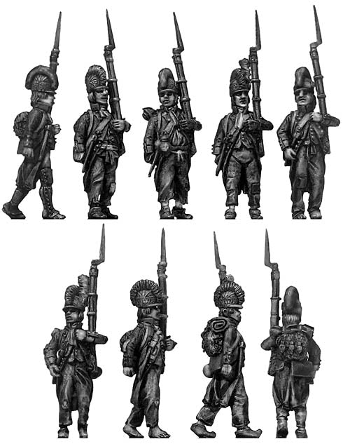 Fusilier, casque, ragged campaign uniform, march-attack (28mm)